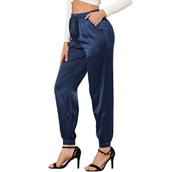 Women's Drawstring Elastic Waist Athleisure Pants Ankle Length Satin Joggers with Pockets