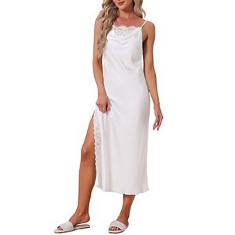 Women's Nightgown Elegant Lace Cowl Neck Spaghetti Strap Midi Long Split Party Cami Dress Lingerie