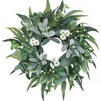 20" Green Eucalyptus Wreath with Lambs Ear White Flowers Lifelike Spring, Summer & Winter Decor