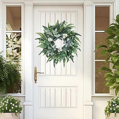 20" Green Eucalyptus Wreath with Lambs Ear White Flowers Lifelike Spring, Summer & Winter Decor