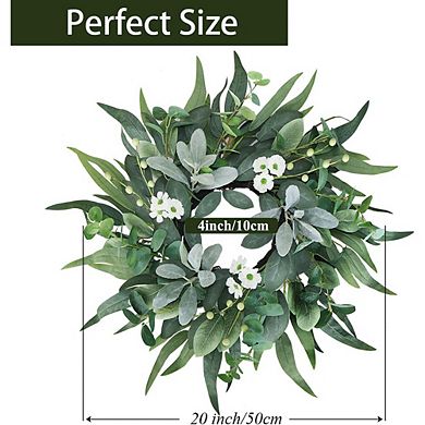 20" Green Eucalyptus Wreath with Lambs Ear White Flowers Lifelike Spring, Summer & Winter Decor