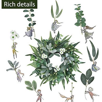20" Green Eucalyptus Wreath with Lambs Ear White Flowers Lifelike Spring, Summer & Winter Decor