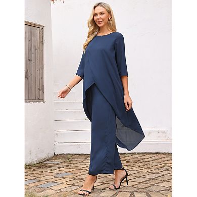 Women's 2 Piece Chiffon Sets Summer Pantsuits High Low Top Pants Set Formal Wedding Guest Outfit