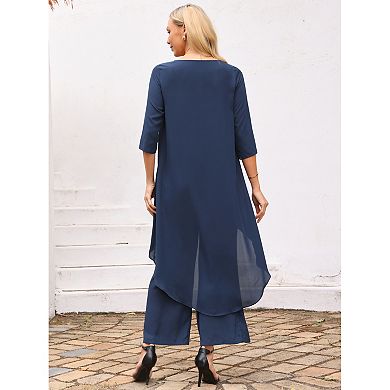 Women's 2 Piece Chiffon Sets Summer Pantsuits High Low Top Pants Set Formal Wedding Guest Outfit