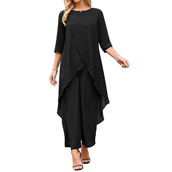Women's 2 pc Chiffon Sets Summer Pantsuits High Low Top Pants Set Formal Wedding Guest Outfit