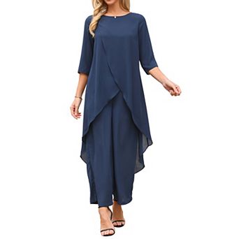 Women's 2 pc Chiffon Sets Summer Pantsuits High Low Top Pants Set Formal Wedding Guest Outfit