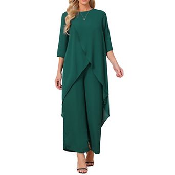 Women's 2 pc Chiffon Sets Summer Pantsuits High Low Top Pants Set Formal Wedding Guest Outfit