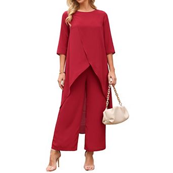 Women's 2 pc Chiffon Sets Summer Pantsuits High Low Top Pants Set Formal Wedding Guest Outfit
