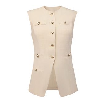 Women's Summer Suit Vest Top Sleeveless Crew Neck Button Down Business Casual Waistcoat