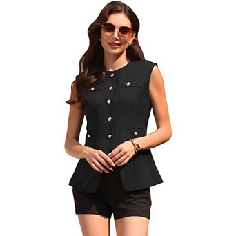 Women's Summer Suit Vest Top Sleeveless Crew Neck Button Down Business Casual Waistcoat