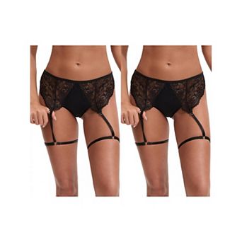 2 Packs Women's Perspective Lace Lingerie Hipsters Hollow Out Panties with Adjustable Garters