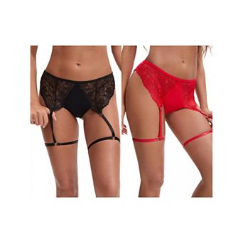2 Packs Women's Perspective Lace Lingerie Hipsters Hollow Out Panties with Adjustable Garters