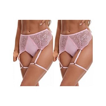 2 Packs Women's Perspective Lace Lingerie Hipsters Hollow Out Panties with Adjustable Garters