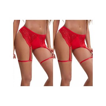 2 Packs Women's Perspective Lace Lingerie Hipsters Hollow Out Panties with Adjustable Garters