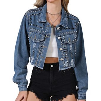 Denim Jacket for Women's Concert Party Cropped Rivet Studded Jean Jacket