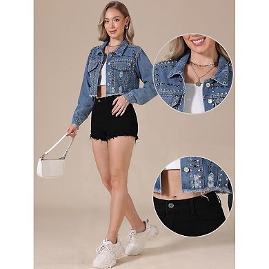 Denim Jacket for Women's Concert Party Cropped Rivet Studded Jean Jacket