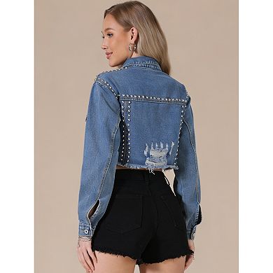 Denim Jacket for Women's Concert Party Cropped Rivet Studded Jean Jacket