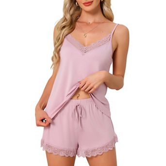 Women's Pajama Lace Trim Sleepwear V-Neck Camisole Top with Shorts Sleeveless Loungewear Set
