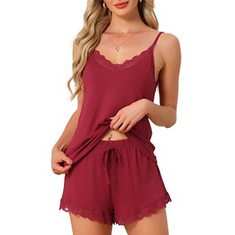 Women's Pajama Lace Trim Sleepwear V-Neck Camisole Top with Shorts Sleeveless Loungewear Set