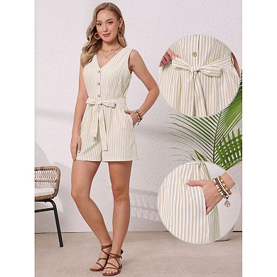 Summer Romper for Women Striped Sleeveless V Neck Button Down Short Jumpsuit with Belt
