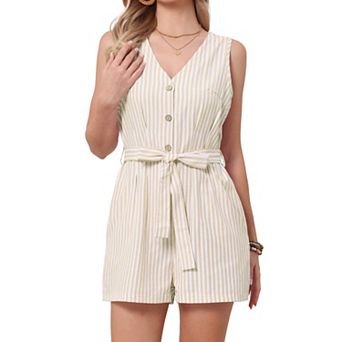 Summer Romper for Women Striped Sleeveless V Neck Button Down Short Jumpsuit with Belt