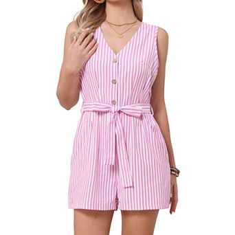 Summer Romper for Women Striped Sleeveless V Neck Button Down Short Jumpsuit with Belt