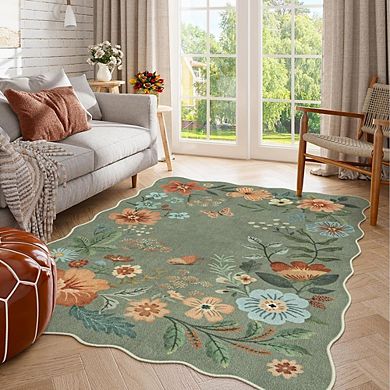 4x6 ft Floral Washable Rug Soft, Low-Pile, Non-Slip, Lightweight