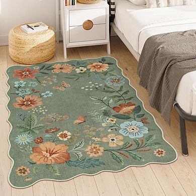 4x6 ft Floral Washable Rug Soft, Low-Pile, Non-Slip, Lightweight