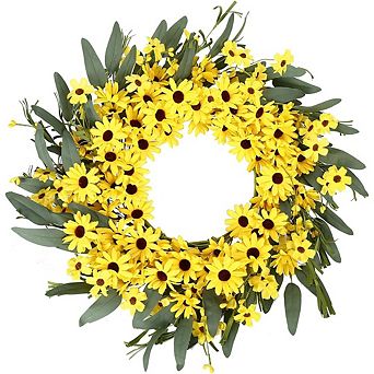 22 Inch Spring Summer Floral Wreath with Sunflowers and Daisies