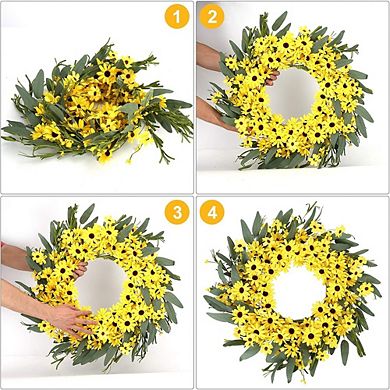 22 Inch Spring Summer Floral Wreath with Sunflowers and Daisies