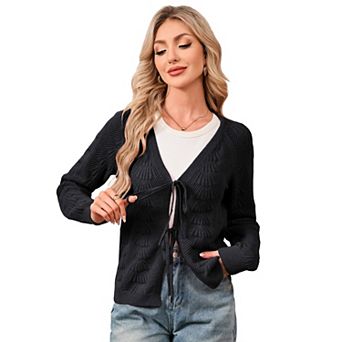 Womens Tie Front Tops Cardigan Sweaters Crochet Crop Clothes Long Sleeve Sweater Casual Outfits
