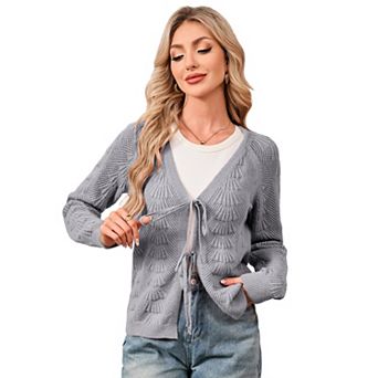 Womens Tie Front Tops Cardigan Sweaters Crochet Crop Clothes Long Sleeve Sweater Casual Outfits