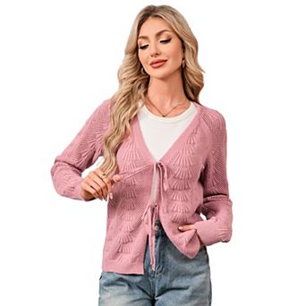 Womens Tie Front Tops Cardigan Sweaters Crochet Crop Clothes Long Sleeve Sweater Casual Outfits