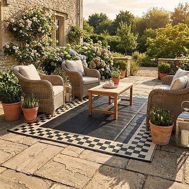 Fashionwu Simple Modern UV Resistant Geometry Bordered Waterproof Easy to Clean Plastic Area Rug