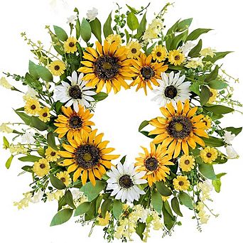 20 Inch Artificial Spring Wreath with Sunflowers and Daisies for Front Door Decor