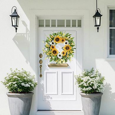 20 Inch Artificial Spring Wreath with Sunflowers and Daisies for Front Door Decor