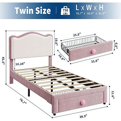 Upholstered Bed Frame w/Storage Drawers, Chic Double Wavy Headboard, Velvet Princess Platform Bed
