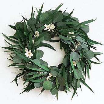16 Inch Preserved Eucalyptus Wreath with Natural Dried Flowers for Home Decor