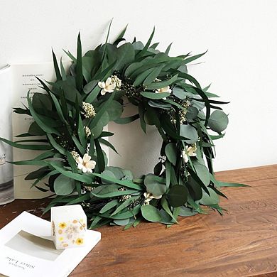 16 Inch Preserved Eucalyptus Wreath with Natural Dried Flowers for Home Decor