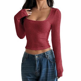 Women's Square Neck Slimming Long Sleeved Shirt with A Pit Stripe Base and Top