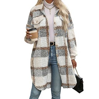 Women's Long Flannel Plaid Jacket Shacket Button Down Fuzzy Fleece Shirts Trendy Sherpa Trench Coat