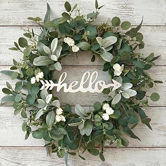 22" Eucalyptus Wreath with Hello Sign, Spring & Summer Front Door Decor
