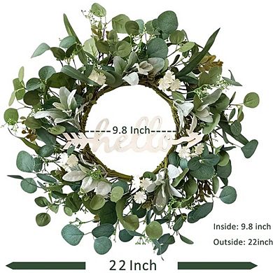 22" Eucalyptus Wreath with Hello Sign, Spring & Summer Front Door Decor