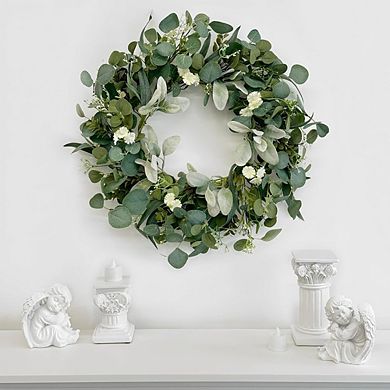 22" Eucalyptus Wreath with Hello Sign, Spring & Summer Front Door Decor