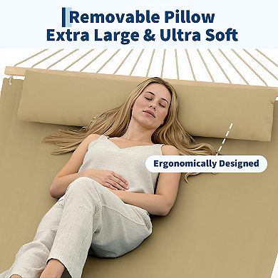 Quilted Fabric Hammock with Hardwood Spreader Bars and Pillow 2 Person for Patio Backyard Poolside