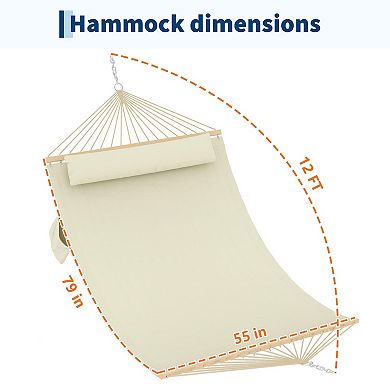 Quilted Fabric Hammock with Hardwood Spreader Bars and Pillow 2 Person for Patio Backyard Poolside