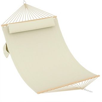 Quilted Fabric Hammock with Hardwood Spreader Bars and Pillow 2 Person for Patio Backyard Poolside