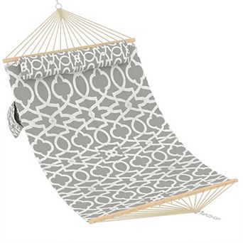 Quilted Fabric Hammock with Hardwood Spreader Bars and Pillow 2 Person for Patio Backyard Poolside