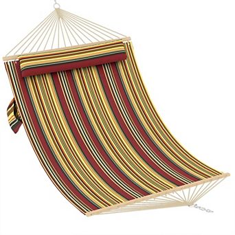Quilted Fabric Hammock with Hardwood Spreader Bars and Pillow 2 Person for Patio Backyard Poolside