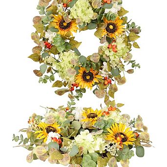 20 Inch Sunflower and Hydrangea Wreath with Eucalyptus and Orange Berries, Farmhouse Front Decor